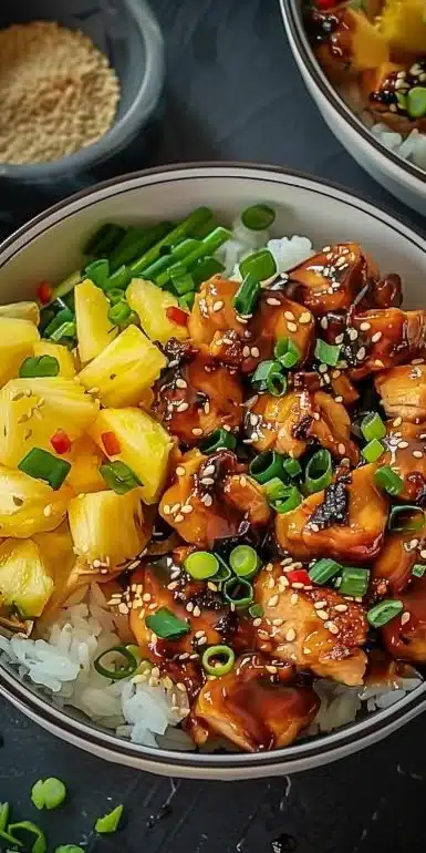 Teriyaki chicken and pineapple bowls served in a vibrant dish