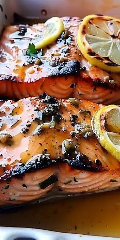 Grilled Texas Roadhouse salmon served with lemon and herbs.