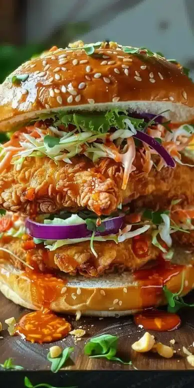 Thai Fried Chicken Sandwich with crispy chicken and flavorful toppings