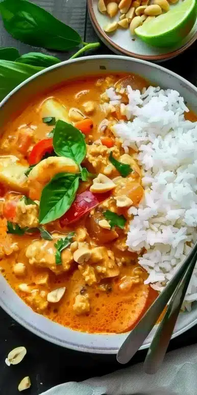 A bowl of delicious Thai Peanut Curry topped with fresh vegetables and herbs