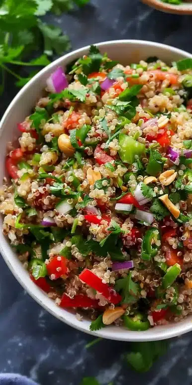 Colorful Thai Quinoa Peanut Salad with vibrant veggies and peanut dressing