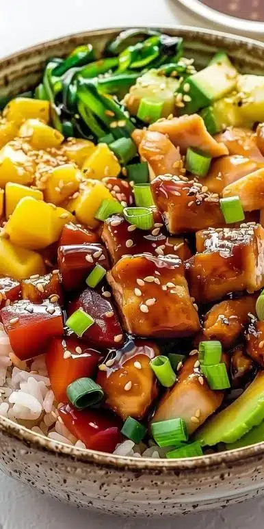 Tropical Teriyaki Chicken Rice Bowl with vibrant ingredients and a flavorful sauce