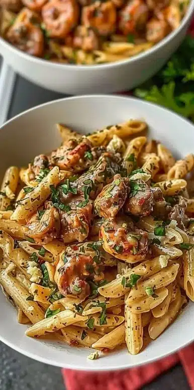Creamy Velveeta penne pasta with Cajun beef Alfredo sauce in a bowl