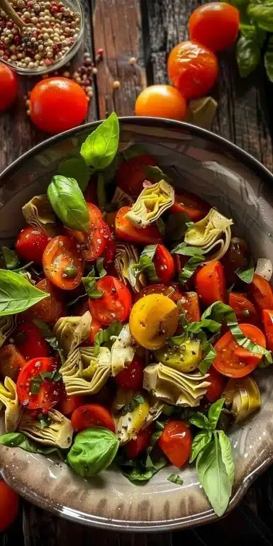 Vegan Tuscan Artichoke Tomato Salad with vibrant colors and fresh ingredients