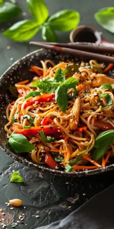 Colorful and vibrant Asian Noodle Salad with fresh vegetables and herbs