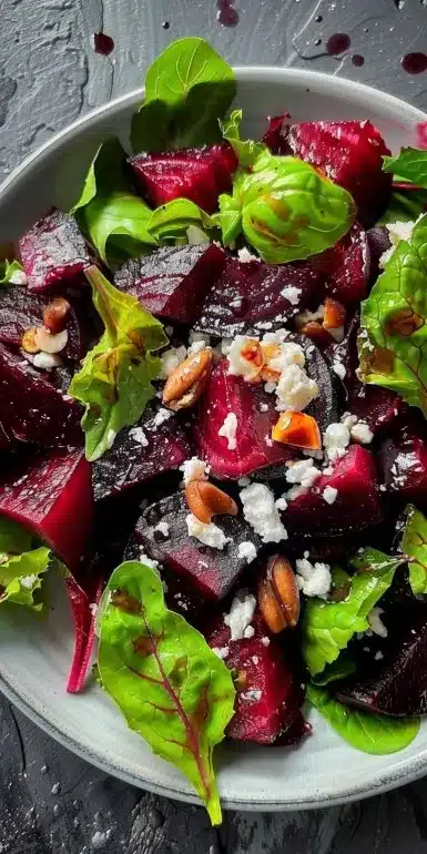 A colorful vibrant beet salad topped with greens and dressing