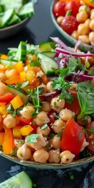 Vibrant Chickpea Rainbow Veggie Bowl filled with fresh vegetables and chickpeas.