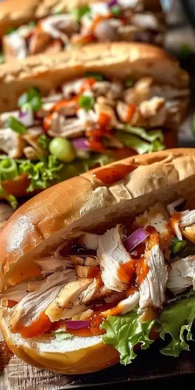 Delicious White BBQ Chicken Subs with toppings on a rustic wooden table