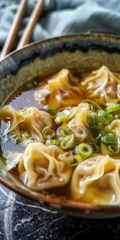 A steaming bowl of wonton soup with dumplings and green onions