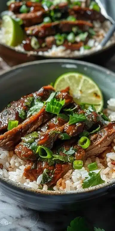 Zesty Ginger Lime Pork with creamy coconut rice on a plate
