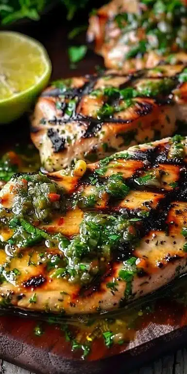 Zesty grilled salsa verde chicken garnished with fresh herbs